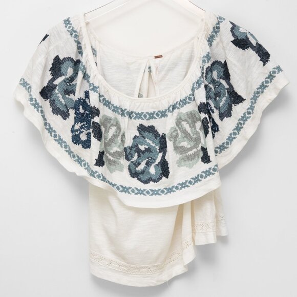 Free People To The Left Top Embroidered Off The Shoulder Ivory Blue Size XS NWT - Picture 2 of 8